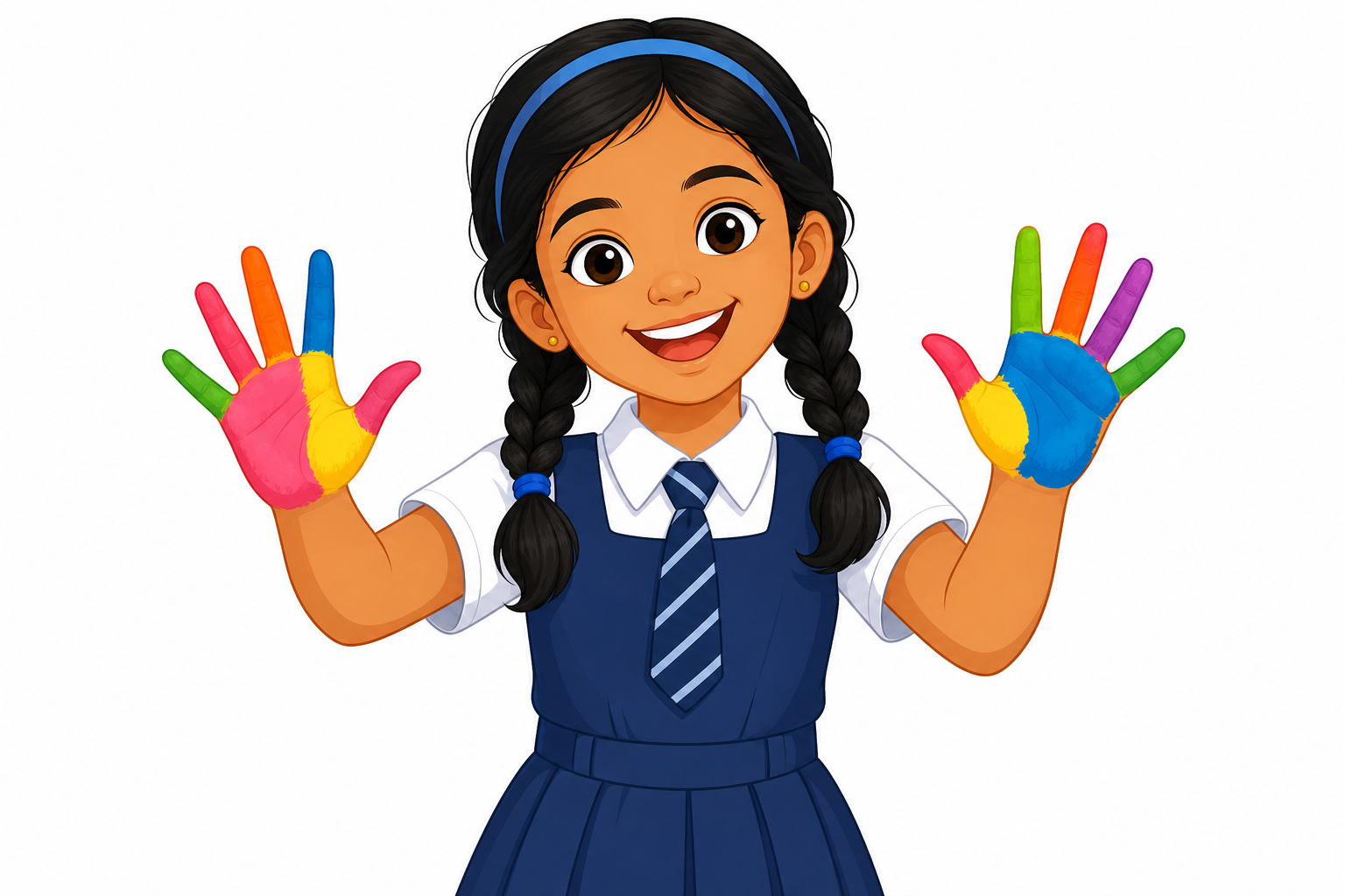 Happy schoolgirl with painted hands